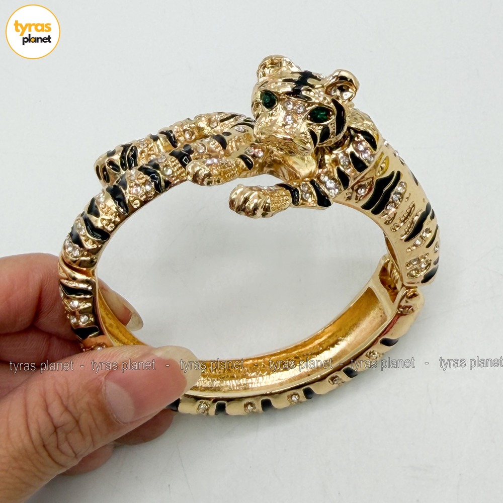 Tiger Hinged Bangle Bracelet Gold Tone Black Enamel Rhinestones